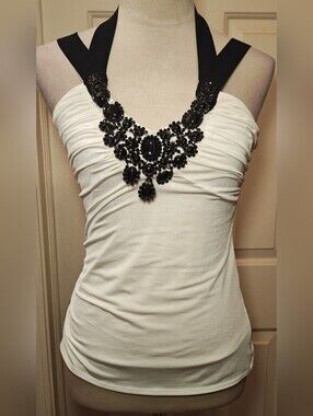 Y2K CACHE White Halter Top w Heavily Jeweled Bib Neckline & Ruching.